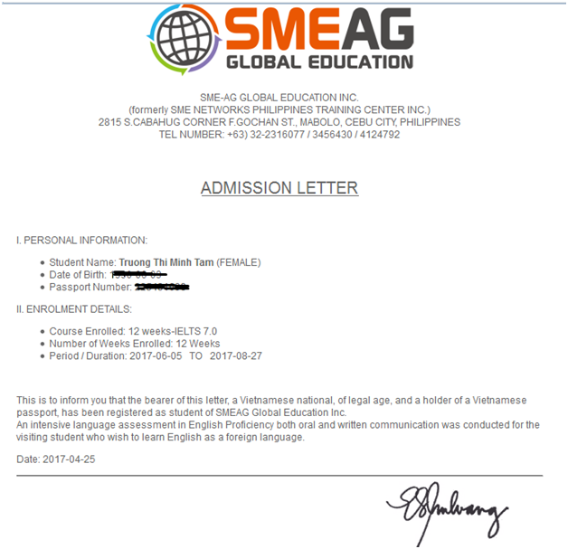 Chúc mừng bạn Trương Thị Minh Tâm nhận thư mời học khóa IELTS của trường Học viện Anh ngữ SMEAG, Philippines